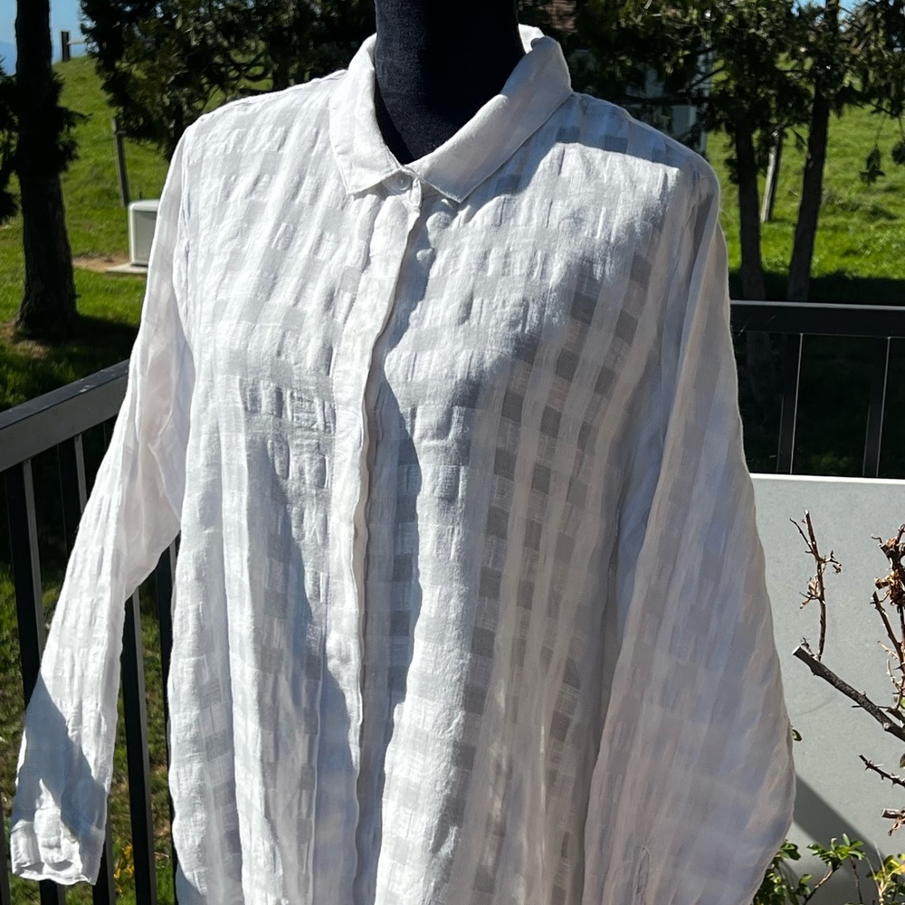 NEW NWT Poetry Size 16 Pale Gray Linen + Cotton Seersucker Long Sleeve Shirt